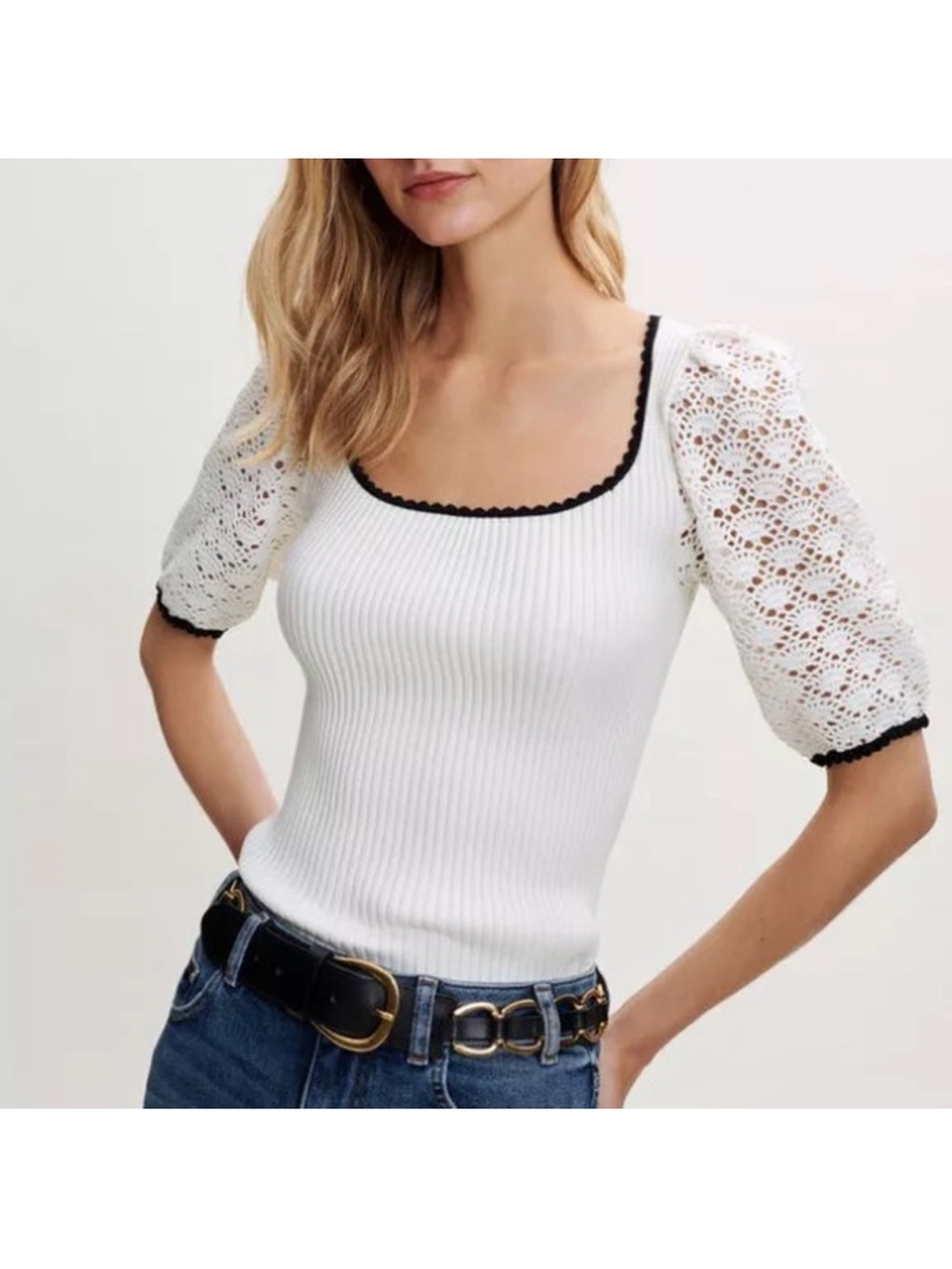 Maje Crochet White Ribbed Knit Puff Sleeve Top with Black Trim